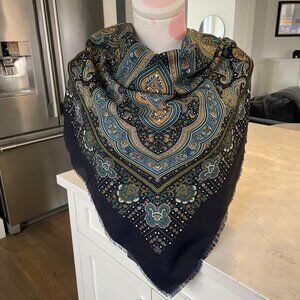 Vintage Paisley Print 100% Polyester Scarf Made in Italy Blue Grn Gold Wht OS